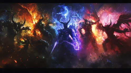 Elemental demon lords clash amid cosmic fire and lightning