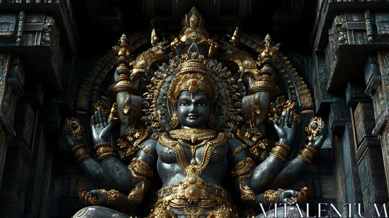 Intricate multi-armed deity sculpture with ornate gold adornment.