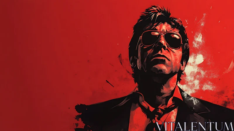 Stylized male figure with sunglasses on red background.