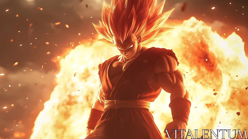 Blazing warrior ascends amid a storm of roaring fire.