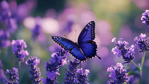 Blue butterfly rests gently amid glowing lavender blooms