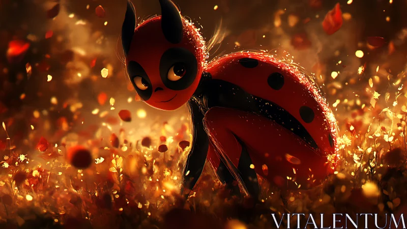 Stylized ladybug character in glowing autumn bokeh field.