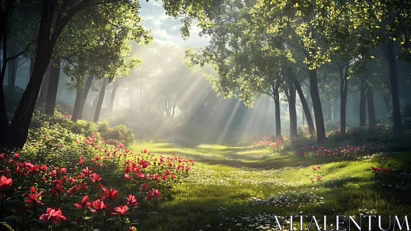 Forest pathway with red flowers and directional sunlight