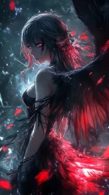 Crimson-winged dusk angel brooding in emberlit shadowglow.