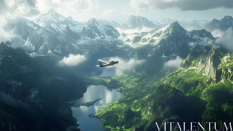 Quiet flight over sunlit alpine lake and emerald valleys.