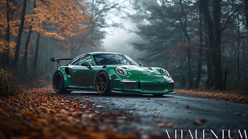 Emerald track-spec coupe on misty forest backroad in autumn.