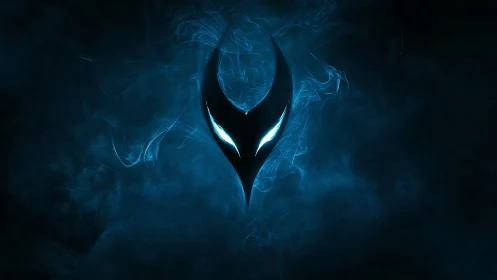 Glowing alien mask emerges from swirling electric blue mist.