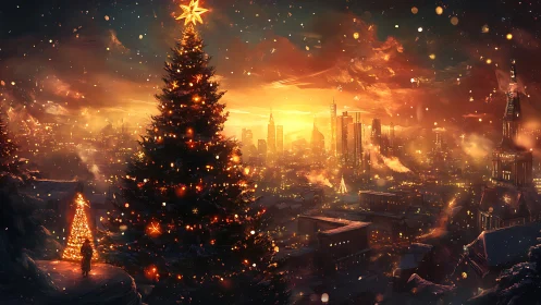 Cinematic digital painting of illuminated urban Christmas skyline.