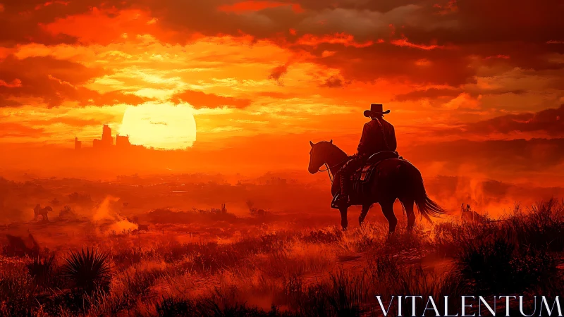 Lone rider drifts through ember-bright Western sunset haze.