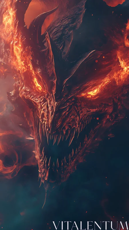 Infernal demon dragon erupts from molten shadowed void.