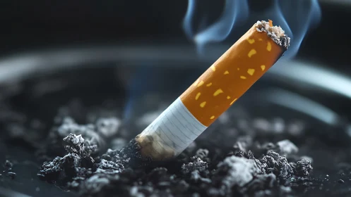 Lit cigarette butt burns down in ashtray with rising smoke