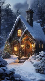 Snow covered stone cottage with winter holiday lighting.