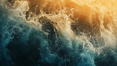 Ocean sparks and golden light colliding in wild motion.