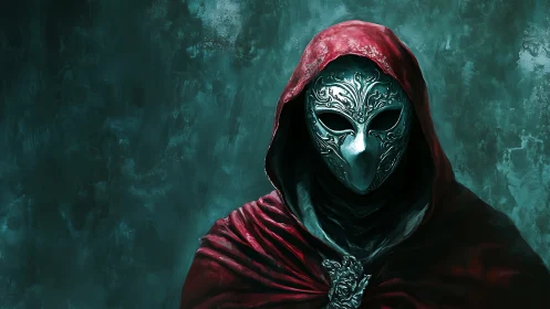 Mystic red-hooded masked figure in teal shadowed mist.