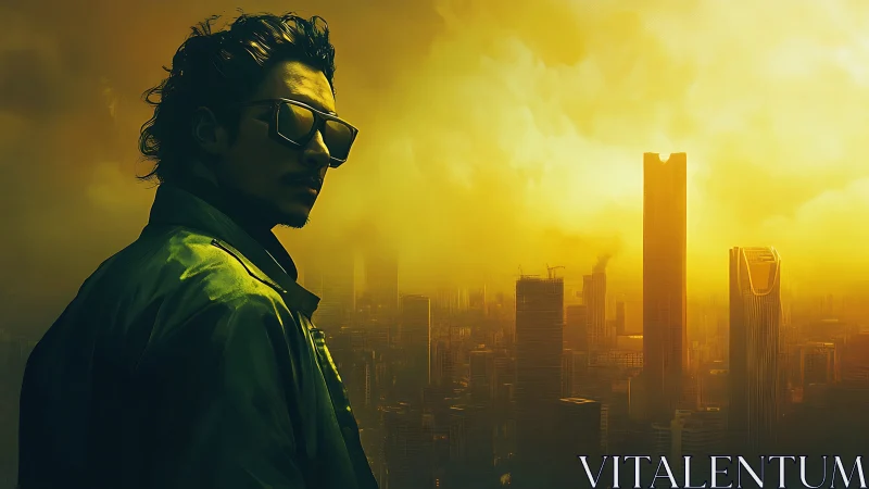 Cyberpunk portrait against smog-drenched neon megacity skyline.