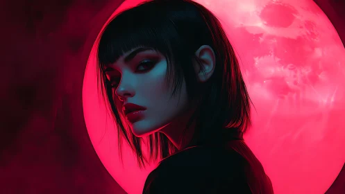 Woman in profile stands before intense red circular light