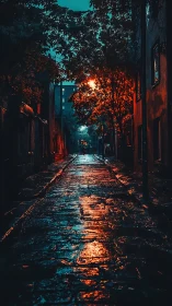 Wet cobblestone alley at night with contrasting neon lighting.