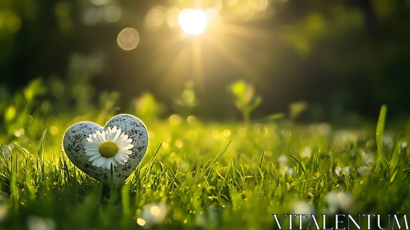 Heart stone with daisy under golden backlit sunset glow.