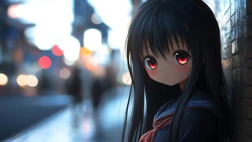 Anime schoolgirl with red eyes in urban evening street scene.