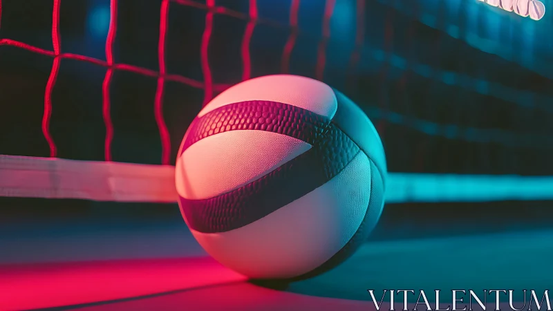 Glowing volleyball rests by the net under bold neon lights