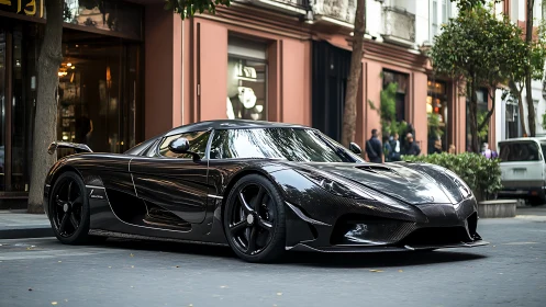 Black carbon fiber hypercar parked on upscale city street.