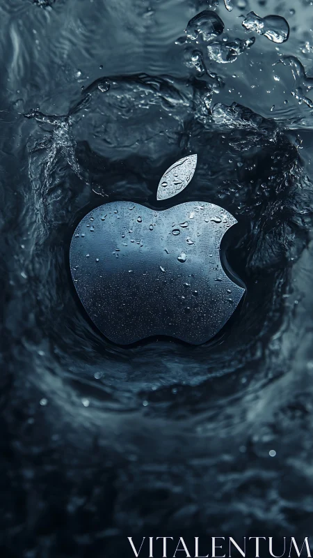 Hydrophobic metallic apple emblem in turbulent water vortex.