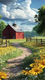 Red barn by curving path in bright country wildflower field.