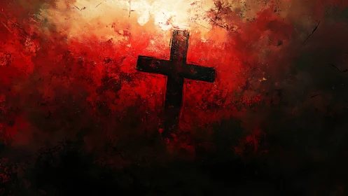 Dark crucifix silhouette cuts through burning crimson sky