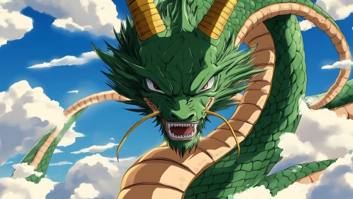 Serpentine sky dragon with segmented body coils through cumulus clouds