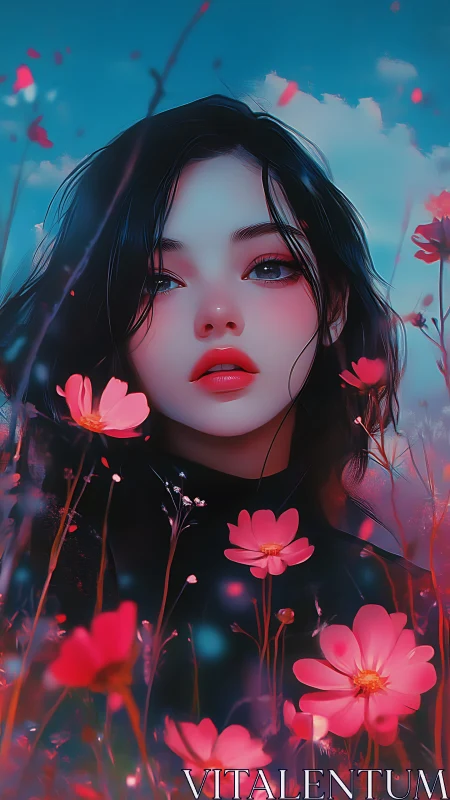 Digital portrait of young woman amid pink wildflowers.