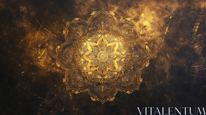 Golden mandala radiates over dark textured abstract field