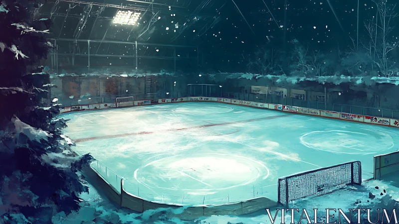 Snowlit outdoor ice hockey rink under winter night sky