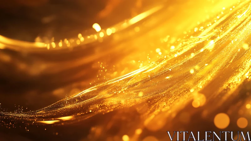 Abstract flowing golden light waves with sparkling particles.