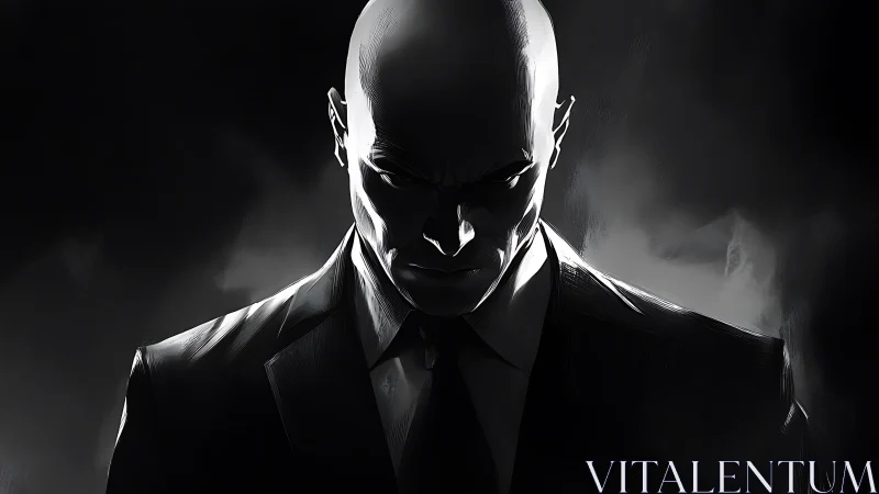 Bald suited man rendered in dramatic high contrast lighting