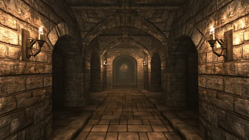 Stone corridor with vaulted arches and wall torches lit.