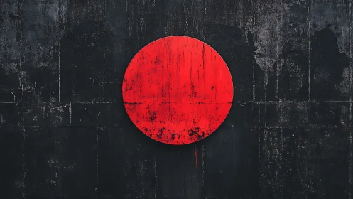 Red circular monolith contrasts against distressed dark wall