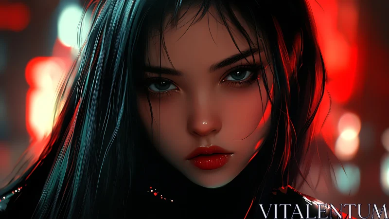 Digital portrait depicts woman against red defocused lights