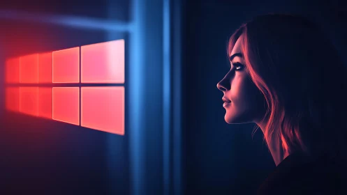 Side profile of woman facing illuminated red screen grid.