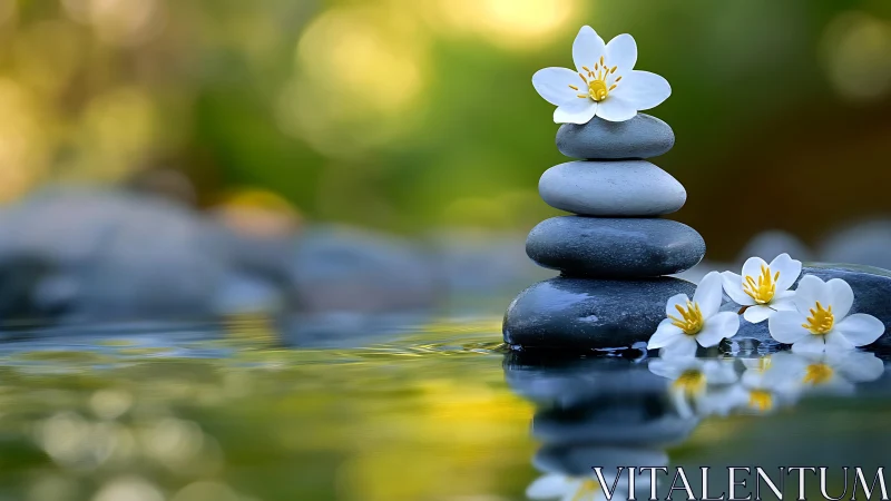 Zen river stones with white blossoms in shallow focus composition.