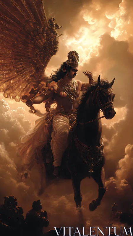 Celestial warrior on rearing steed in luminous storm clouds