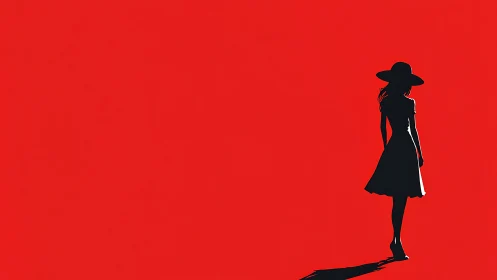 Silhouette of Woman in Dress and Hat on Red Minimalist Background.