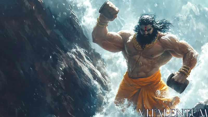 Mythic demigod breaching surf with tectonic hydraulic force.