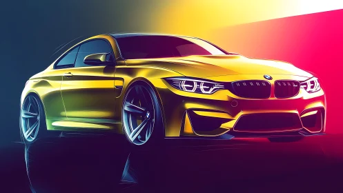 Yellow sports coupe rendered with vibrant neon gradients