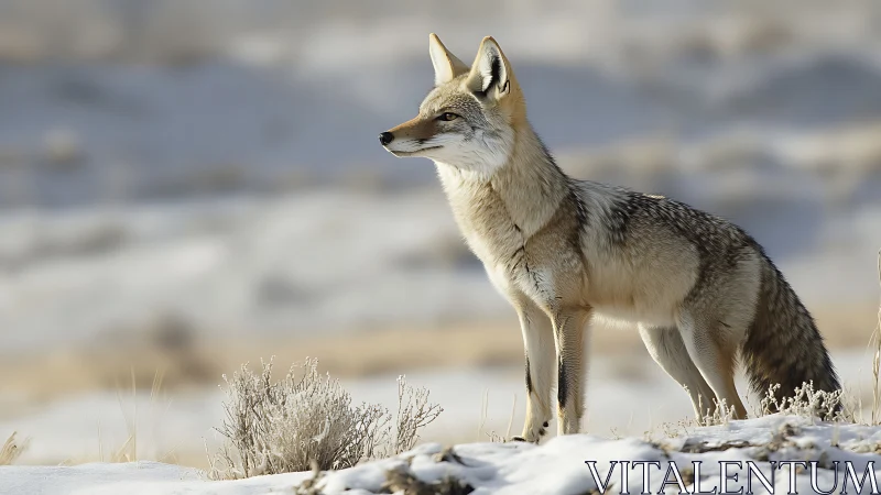 Coyote in winter steppe observed in side-profile telephoto capture