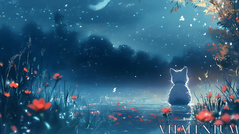 Silhouetted Cat Gazing at Nocturnal Blossom Field.