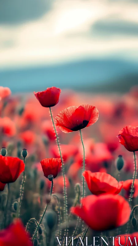 Red Poppy Field with Selective Focus and Blue Sky Gradient