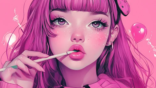 Pink anime girl portrait with candy and glossy lips.