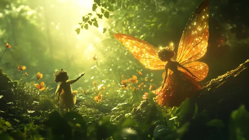 Glowing fairy figures in sunlit forest clearing at dusk.