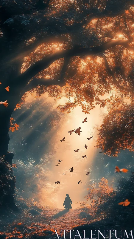 Solitary figure beneath illuminated forest canopy path.