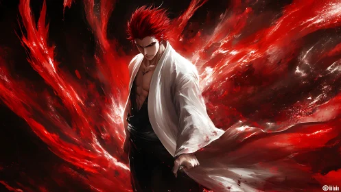 Red haired anime swordsman stands amid swirling red energy
